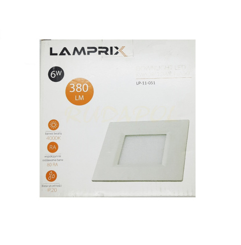 Oprawa downlight LED 6W biała kwadratowa 380lm