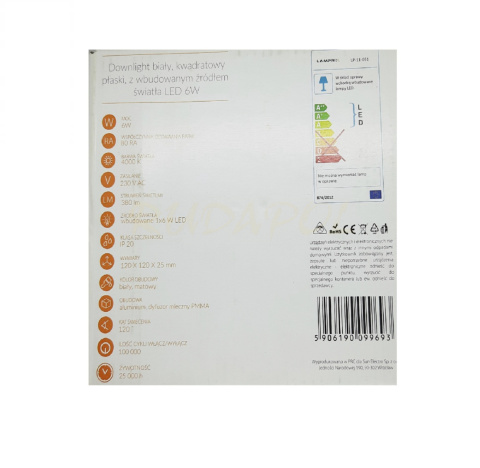 Oprawa downlight LED 6W biała kwadratowa 380lm