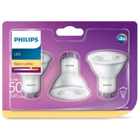 Philips Żarówka LED 4,7W GU10 świeci jak 50W (3szt) 8718696761304